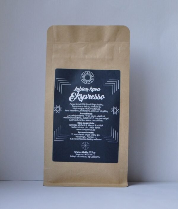 125 g, Espresso lubinų kavos pakelis pilkame fone.