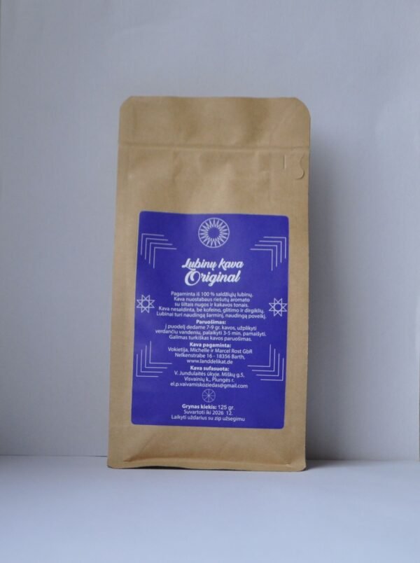 Lubinų kava Original – natūrali, be kofeino kava iš 100 % skrudintų lubinų pupelių. Išbandykite Lubinų kava Original 125-250g.