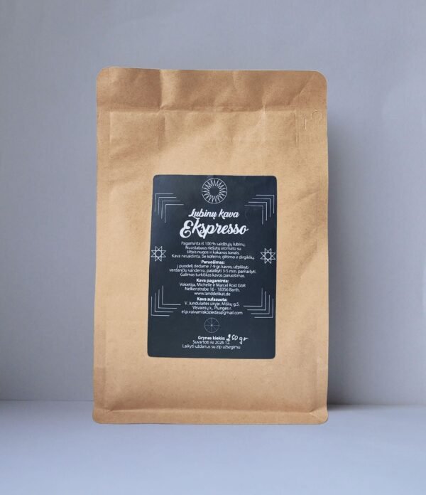 Espresso 250g maltos lubinų kavos pakelis, paruoštas naudojimui.