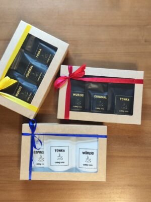 lubinų kavos degustacinis rinkinys. Dėžutėje po tris skirtingus skonius original, wurzig, tonka ir espresso kavos pakeliai 3 x40 gramų.