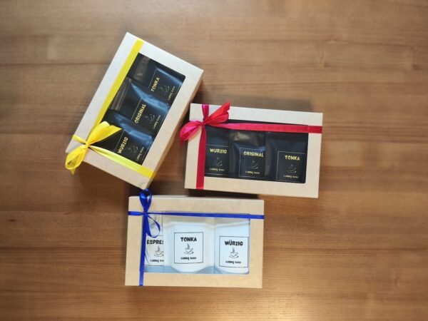 lubinų kavos degustacinis rinkinys. Dėžutėje po tris skirtingus skonius original, wurzig, tonka ir espresso kavos pakeliai 3 x40 gramų.